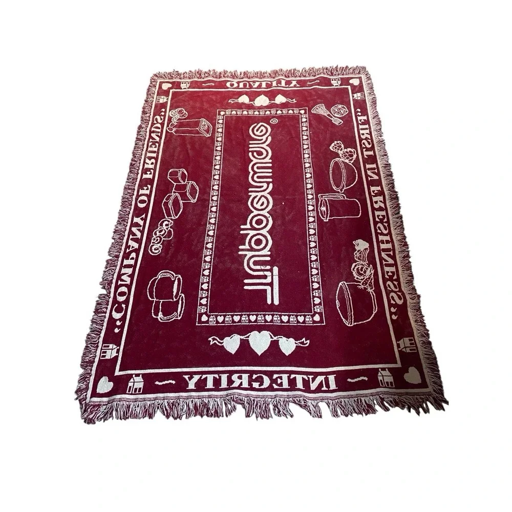 VTG Tupperware Promotional Throw‎ Blanket Afghan Tasseled White Maroon Red 64x45